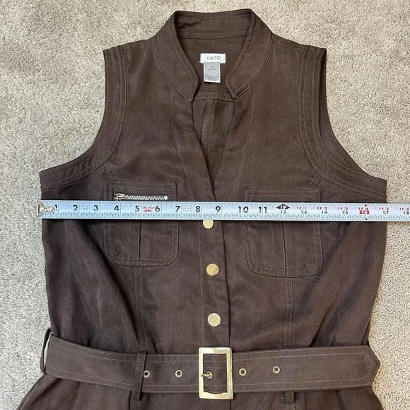 RARE Y2K Cache Tencel Romper Size S Gold Buttons Belted Mock Neck Breathable - Picture 7 of 9